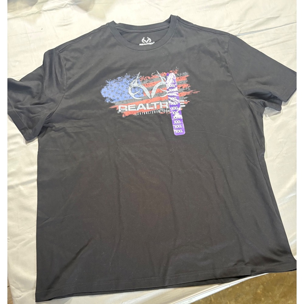 Realtree Mens XXL Black Graphic T-Shirt American Flag Antler Logo Short Sleeve